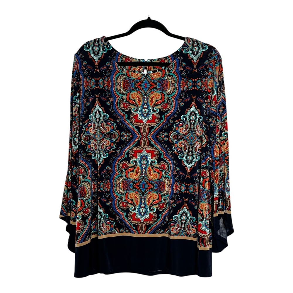 New Directions Womens XL Paisley Medallion Split Bell Sleeve Top Navy Blue Red - Picture 8 of 8